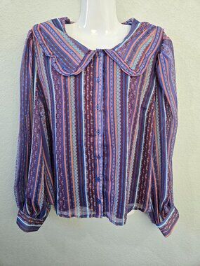 A Love Story Size Large Boho Striped Button Front Blouse | Peter Pan Collar